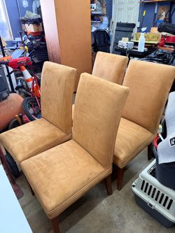 Set of 4 Tan Upholstered Dining Chairs – Solid Wood