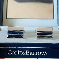 Croft & Barrow Men’s Silver Tone Cufflinks With Blue Center Stripe Special Occasion Wedding Tux 