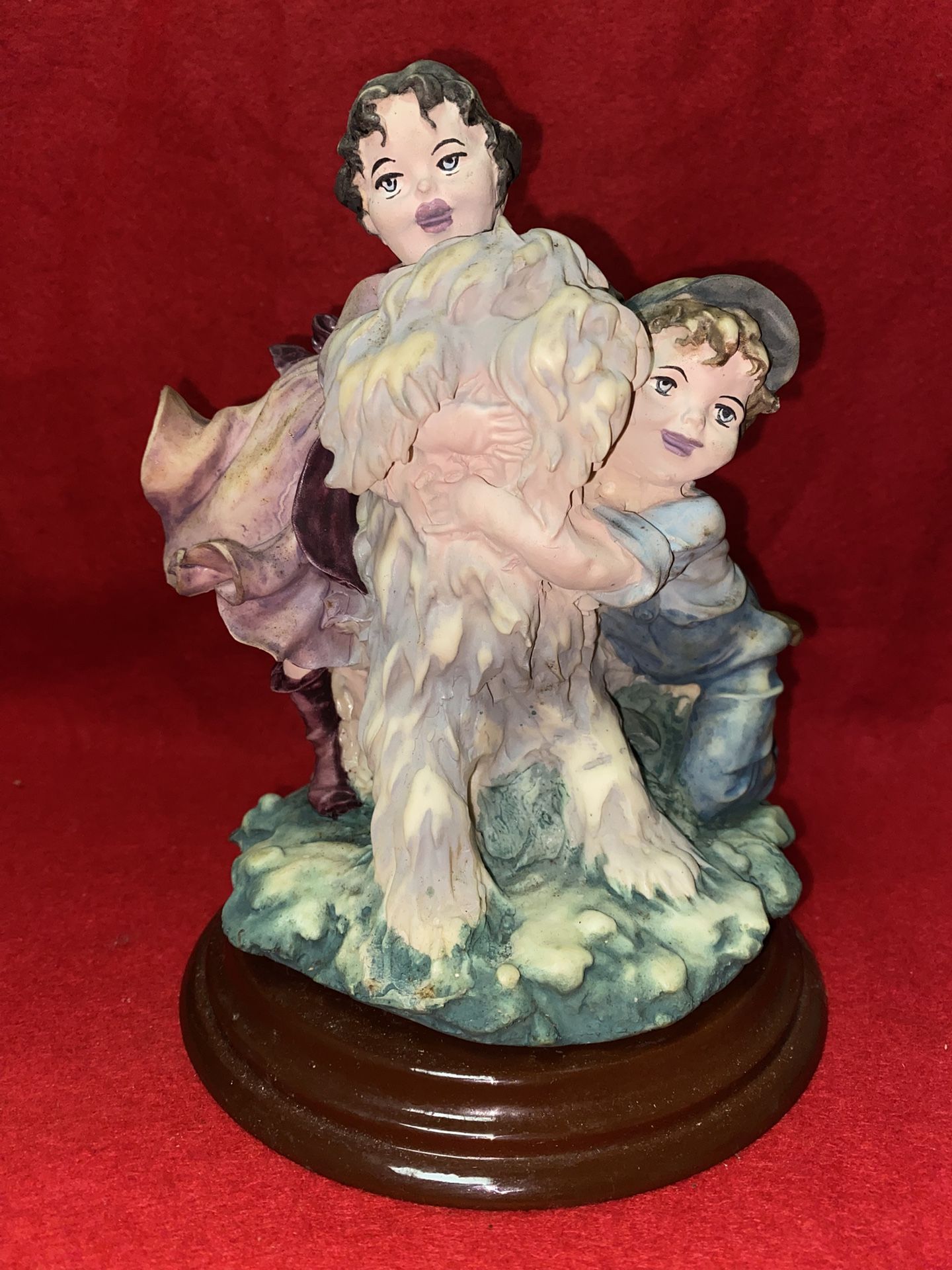 8 Inch Painted Alabaster Boy & Girl With Dog Statue Imported From Greece