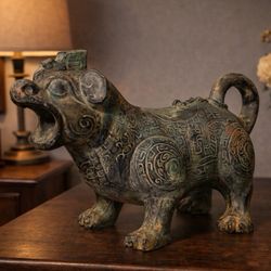 Chinese Style Ox Statue Ceramic Verdigris Patina Asian Decor Figurine 10”
