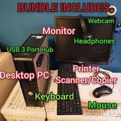 COMPLETE Office/WFH Work from Home PC Computer Monitor Printer Scanner Webcam Mouse Keyboard Headphones USB Extender Accessories 