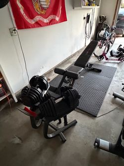 Bowflex 1090 adjustable weight set with stand, bench and mats