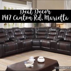 New Brown Leather Reclining Theater Sectional Sofa Couch With Dual Consoles & Cupholders 