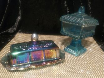 Bundle Vintage iridescent butter dish and blue color glass candy dish