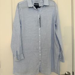 Tahari Womens Essential 100% Linen Blue Tunic Button Up Shirt Size L