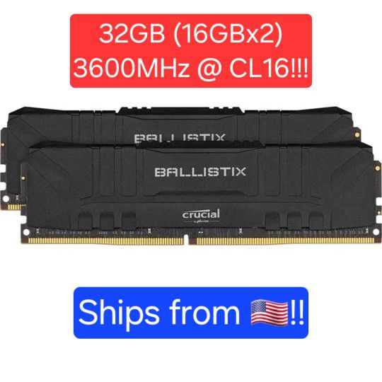 32GB (16GB x 2) 3600MHz CL16 Crucial Ballistix PC RAM Memory