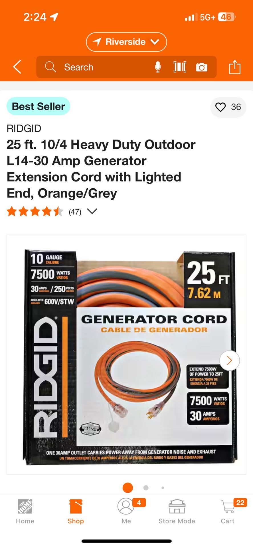 RIDGID 25 ft. 10/4 Heavy Duty Outdoor L14-30 Amp Generator Extension Cord with Lighted End, Orange/Grey