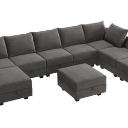 Grey Polyester Sectional Couch With Ottoman Band New 