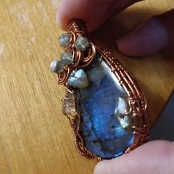 Labradorite Blue 💙 Copper Wire Wrapped Adorned With lab Chips