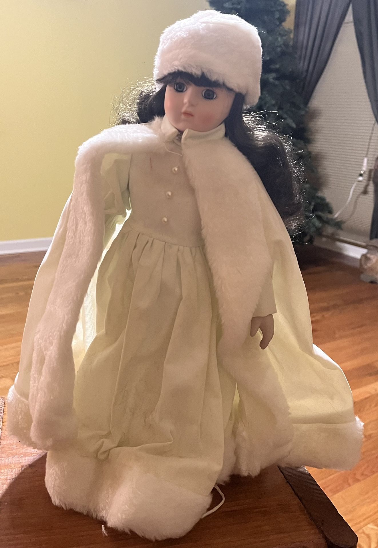 Vintage Porcelain Doll In White Winter Garb With Stand 16”