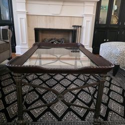 Maitland & Smith Iron, Leather, and Glass Coffee Table