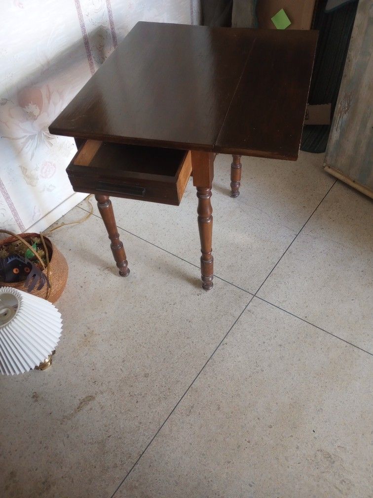 Antique Table With One Drop-Leaf And One Drawer