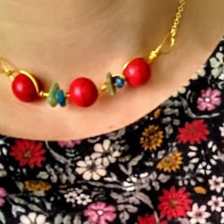 Fancy Chained Red Turquoise Beads Necklace 