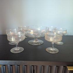Vintage Bryce Brothers Etched Glass Sherbet Bowl And Six Glasses