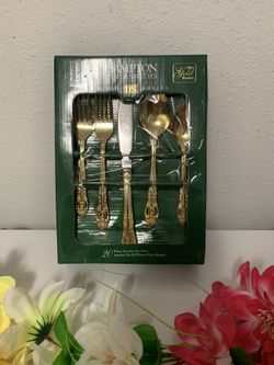 🍀Vintage, Juego de cubiertos enchapado en Oro, Hampton Silversmiths 24kt Gold Plate Flatware 20-Piece Set