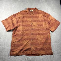 Tommy Bahama Silk Camp Shirt Men's L Orange Silk Colorful Palm Trees Print #8F