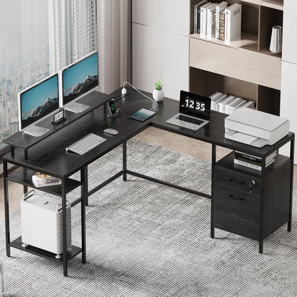Reversible Computer Desk with Power Outlets & File Cabinet, L Shaped Desk,