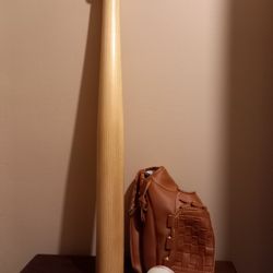 3 Piece Set: Wooden Bat, Glove & Ball. NEW $30