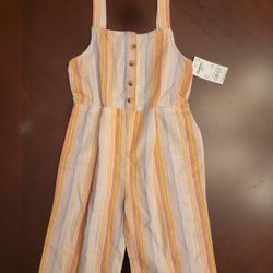 NWT Oshkosh B’Gosh Girl's Pink Striped Button Front Linen Jumpsuit Romper - 2T