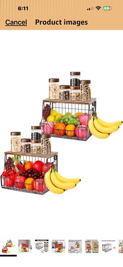 Fruit Basket for Kitchen, Metal Fruit Vegetable Storage Bin with 2 Banana Hangers, Countertop Wire Basket Organizer for Snack Potato Onion, Screw Moun