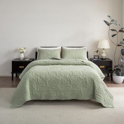 TEXTURE & LOOMS Cotton Quilt Queen Size Green Bedding Set, Water-Washed 3-Piece Cozy Lightweight Stitching Decorative Bedding Cover Coverlet Set with 