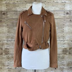 Women's Cropped Moto Jacket Brown Faux Suede Belted Waist Medium