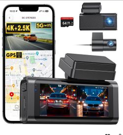 4K+2.5K Dash Cam Front and Rear, Built-in GPS, 5.8G WiFi, Free 64GB Card Included, Dash Camera for Cars, 2-Channel Car Camera,3.16'' IPS Screen,G-Sens