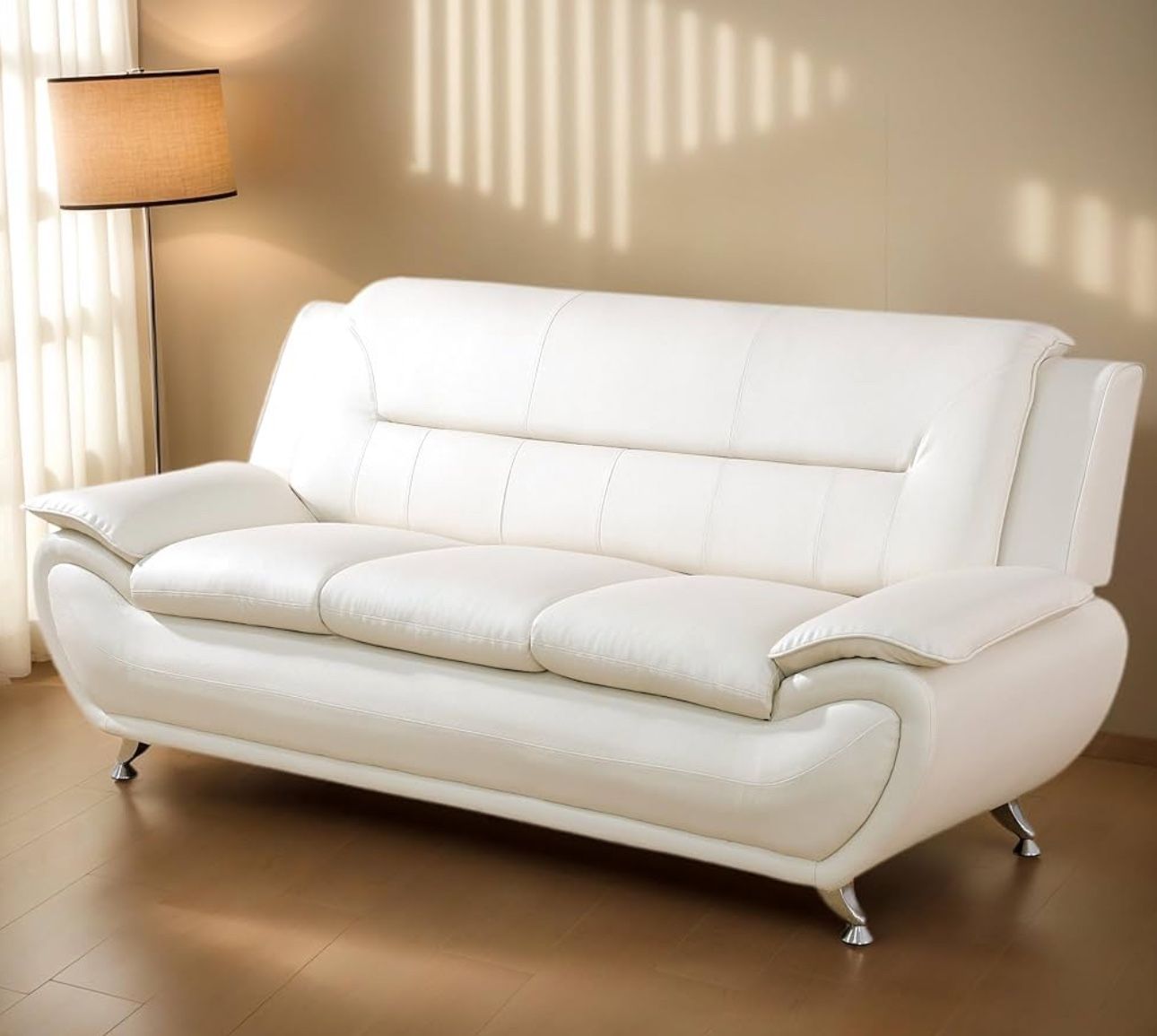 Faux Leather Sofa White 3 Seater Large Soft Couch with Pillow Top Armrests Modern for Living Room
