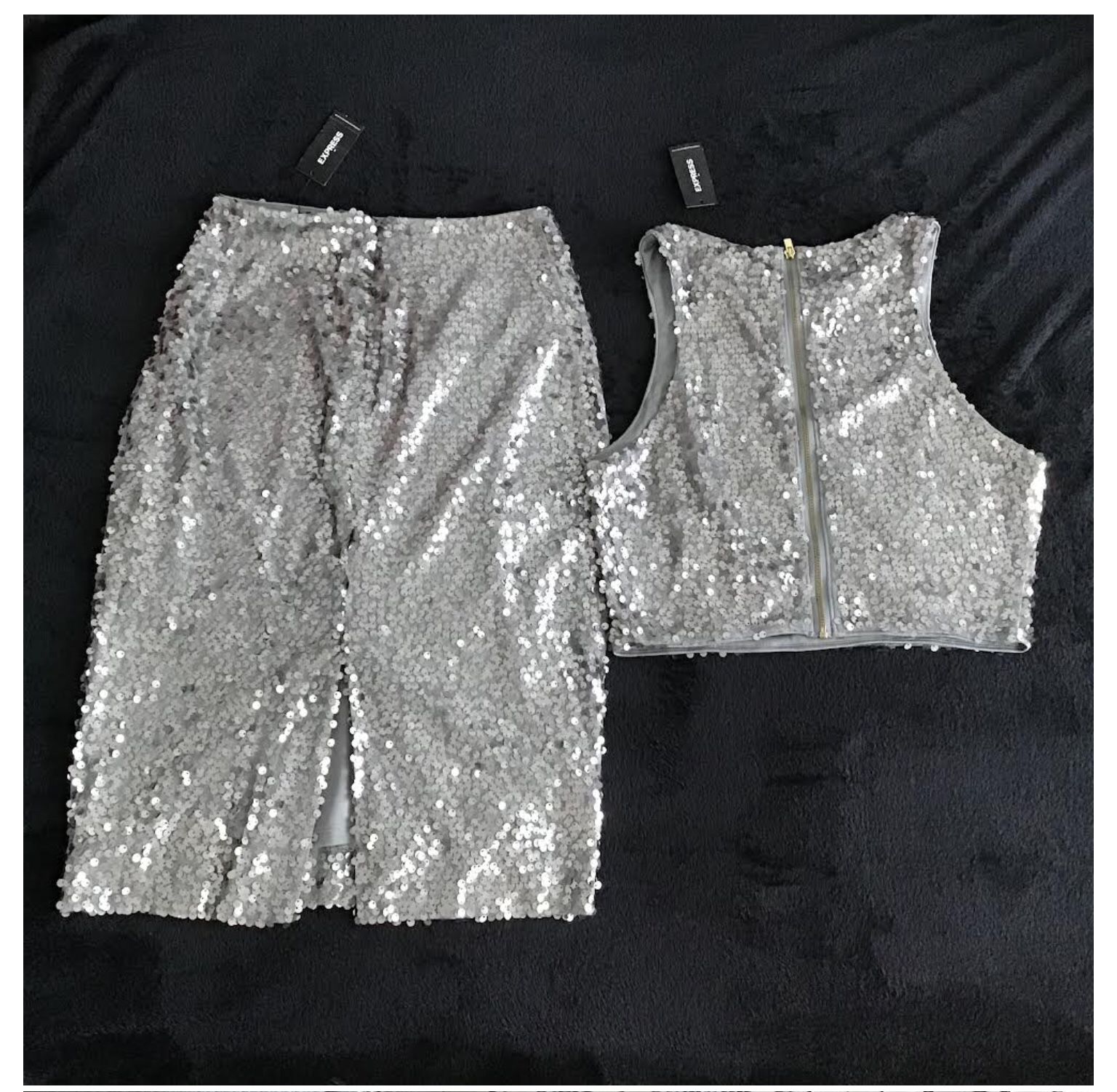EXPRESS silver grey sequin pencil skirt and crop top NEW WITH TAGS
