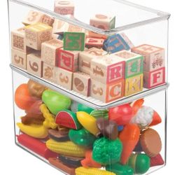 2Pk Plastic Stackable Toy Storage Bin Container Box, Hinge Lid for Organizing Living Room, Play Room, Bedroom, Nursery, Hold Blocks, Puzzles, Books, L
