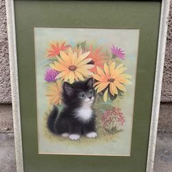 Vintage 70’s Framed Art K. Chin Kitty Litho Print 