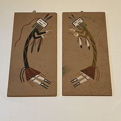 Set Of 2 Vintage Navajo Sand Paintings Native American Art Wall Tiles Rain Dance