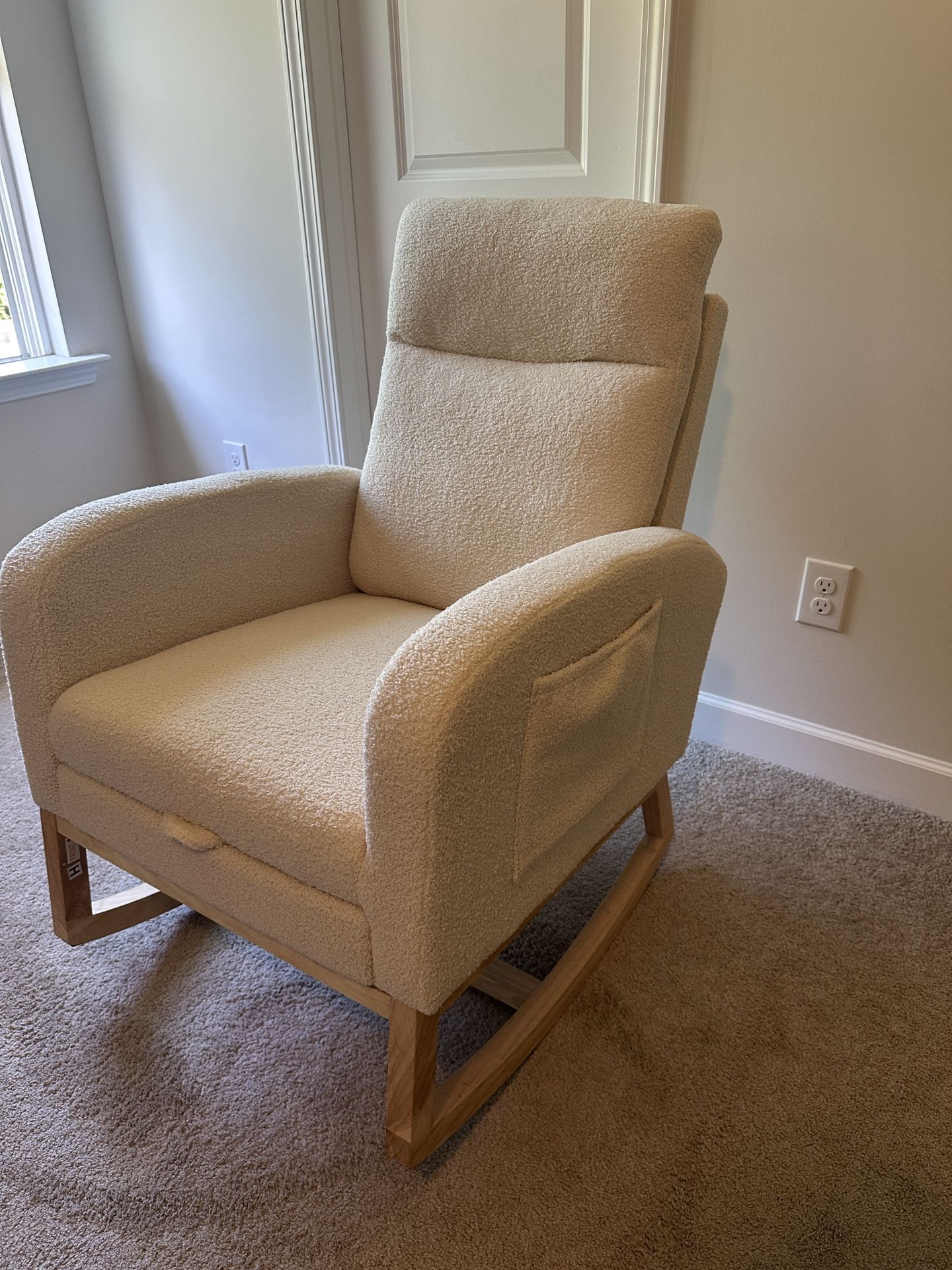 Barely Used Beige Rocking Recliner Chair w/ Footrest & Side Pocket