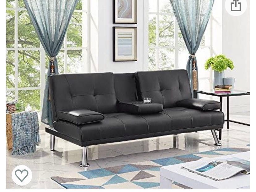 Convertible Folding Futon Sofa Bed for Compact Living Space, Apartment, Dorm, Bonus Room w/Removable Armrests, Metal Legs, 2 Cupholders