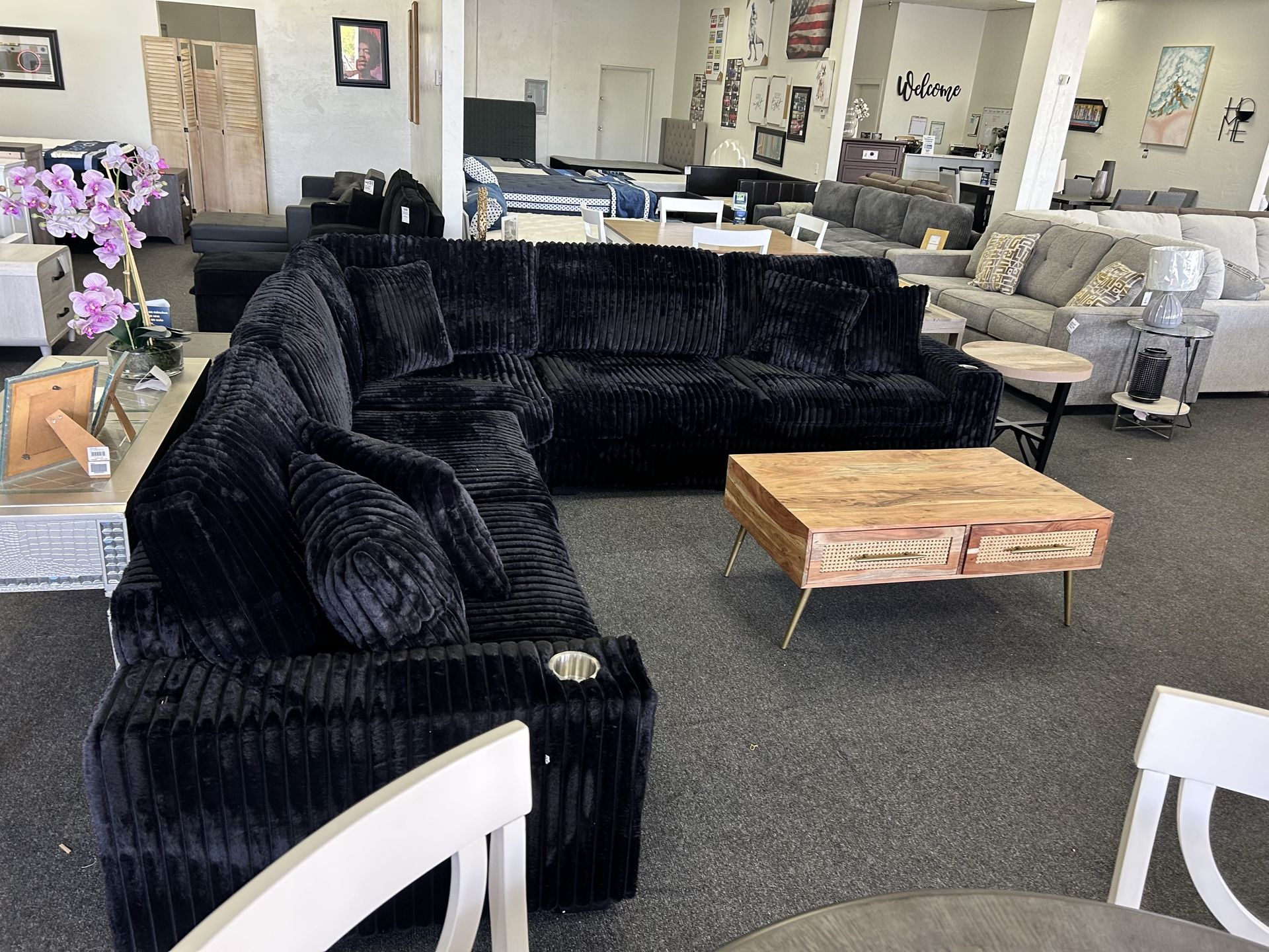 Sectional in black corduroy