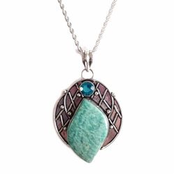 Sterling silver green amazonite and blue zirconia on 20 inch rope necklace