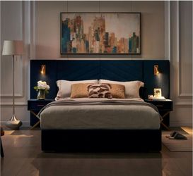 King Size Bed Frame Headboard & LED Lights, Modern Velvet Platform Bed with Nightstand Royal Blue