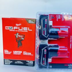 Milwaukee,  M12 FUEL 12V Lithium-Ion Brushless Cordless Stubby 3/8 in. Impact Wrench, Plus 2-m12 RedLithium XC3.0