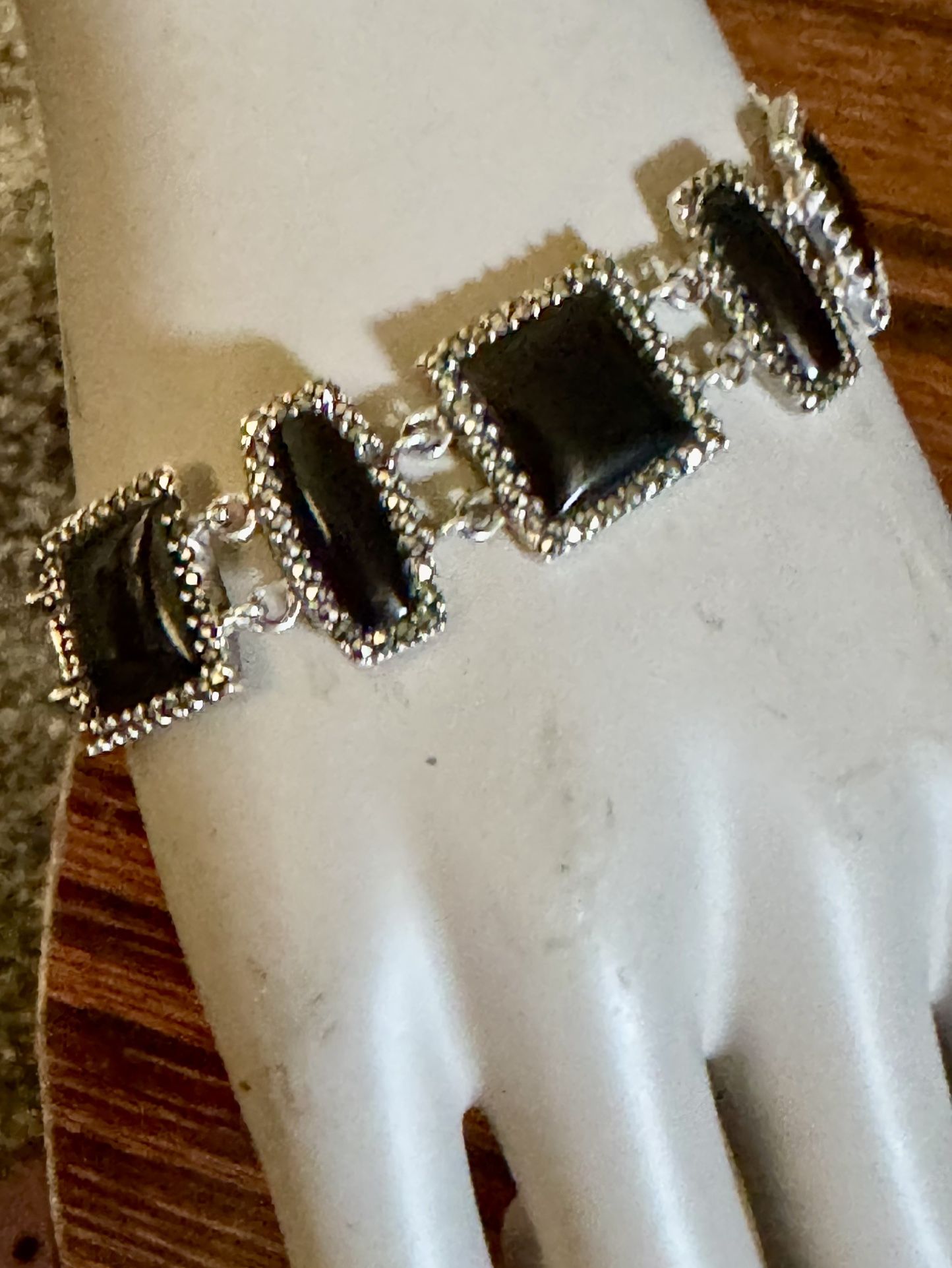 925 Sterling Silver Vintage ART DECO Black Onyx & Marcasite Panel Chain Bracelet Size 7.75