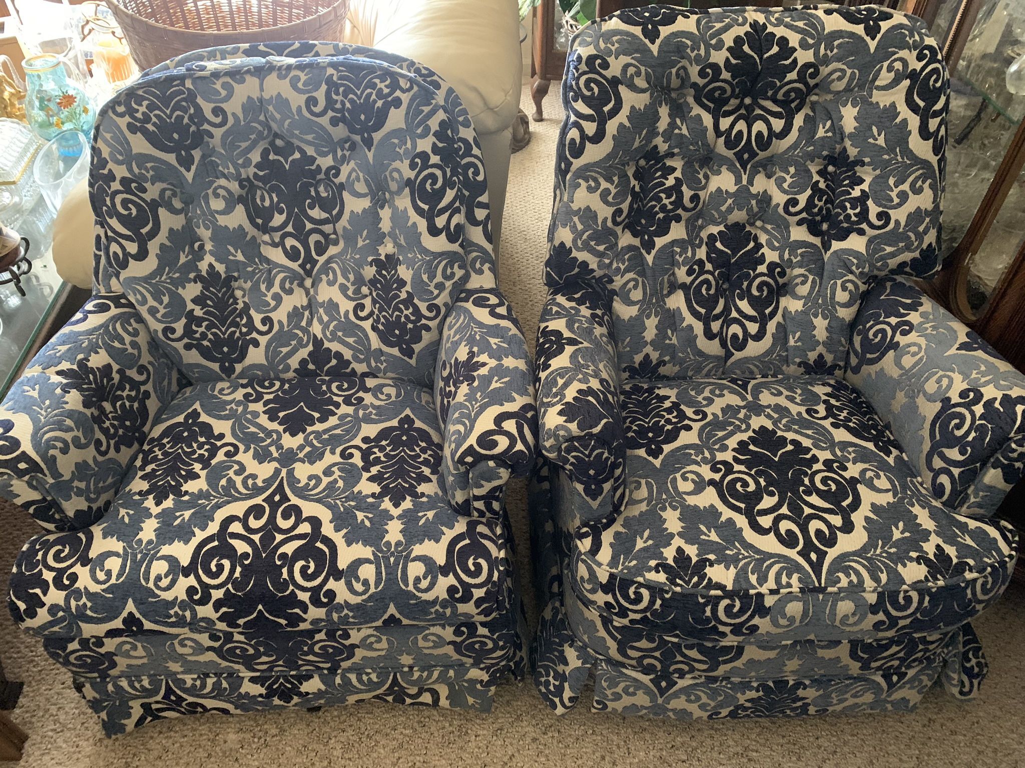 2 Blue-and-White Floral-print Sofa Chairs