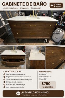 Mueble de Baño Moderno de 48” con Lavamanos y Grifería Dorada