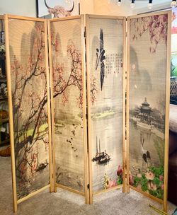 MyGift 4-Panel Folding Bamboo Room Divider Asian-Inspired Cherry Blossom Scene