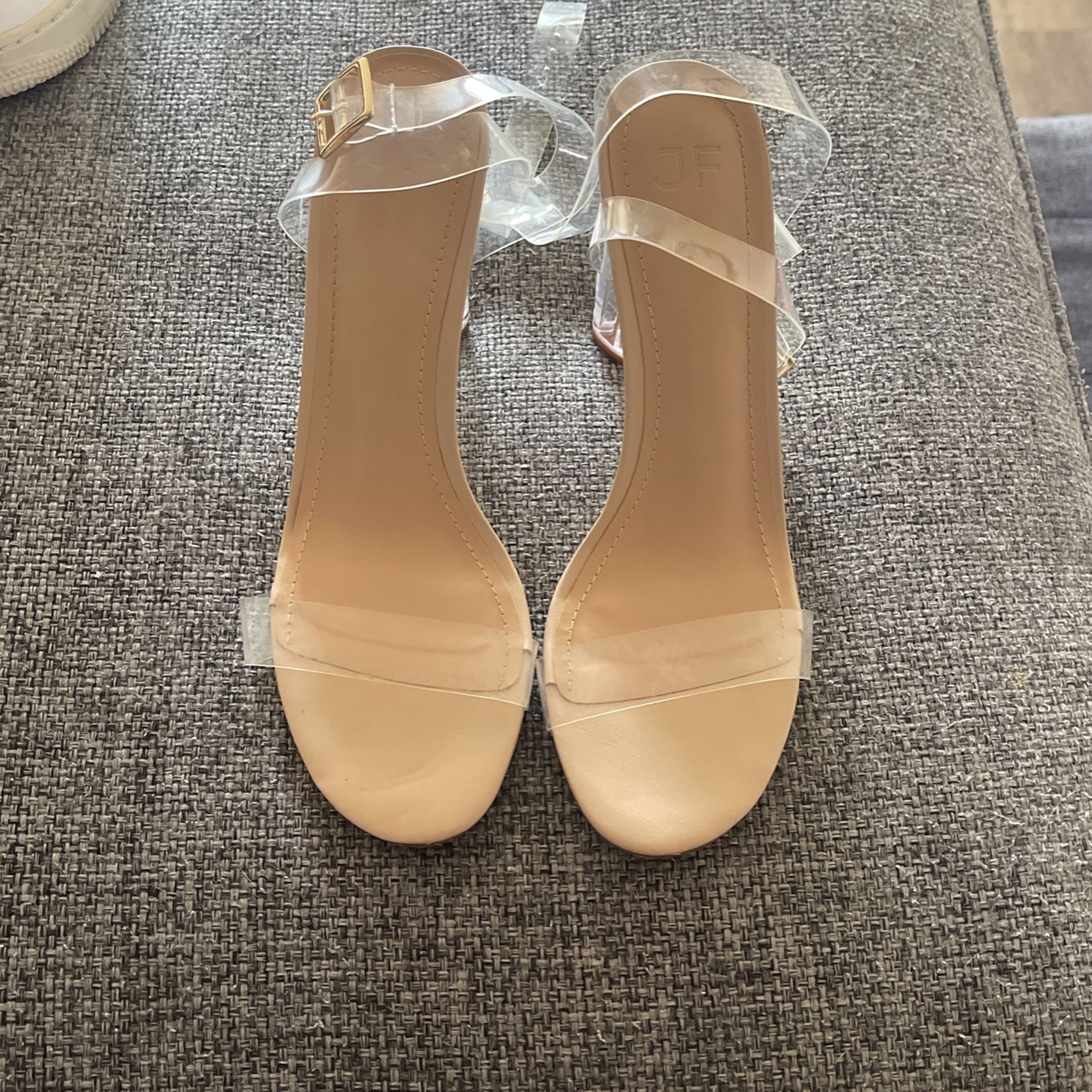 Just Fab- Nude & Clear Ankle Wrap Heels