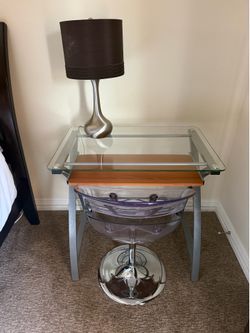 Glass computer table and clear chair