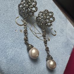 sterling silver gray pearl marcasite dangle earrings 