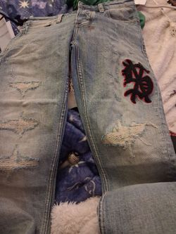 Distressed Jeans with Kanji Patch