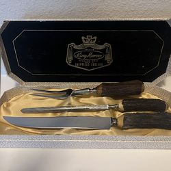 Vintage Carving Knife & Fork Set w/Faux Stag Handles Stainless Steel.  In Case