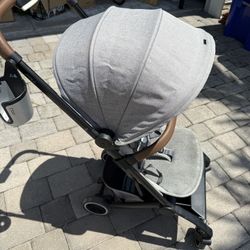 Joolz Aer Lightweight Compact Travel Stroller Gray with leather bumper bar