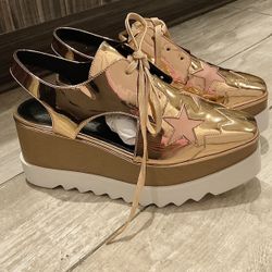 2023 Gold Metallic Platform Sandal Wedge Sneakers Size 8