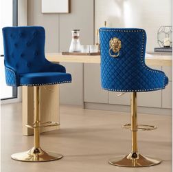 Velvet Gold Barstools Set of 2, Modern Counter Height Adjustable Swivel Stools Chairs with High Tufted Backrest Golden Base Lion Pull Ring Diamond Pat